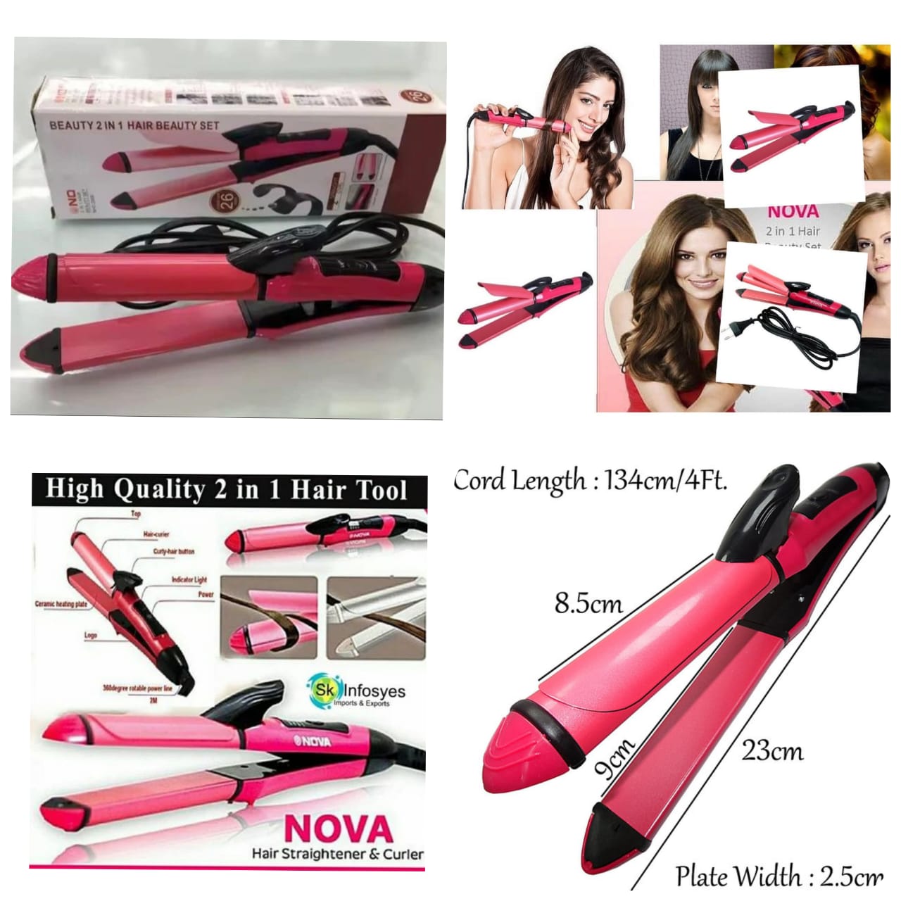 2-in-1 Nova Hair Straightener and Curler – Dual-Use Styling Tool with Quick Heat-Up Technology, Ceramic Plates for Smooth Straightening & Effortless Curls Model-NH-2009 – Portable, Lightweight, Ideal for Home or Travel Use