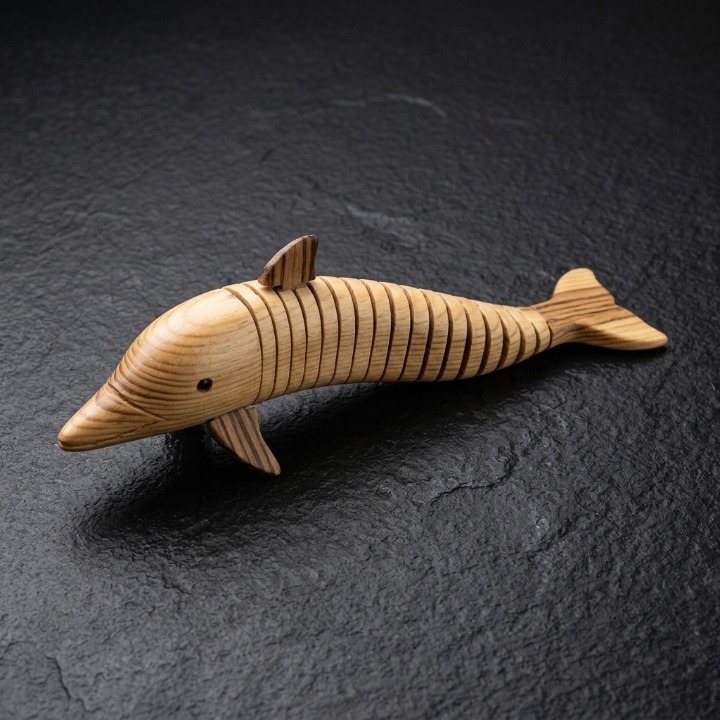 Handcrafted Flexible Articulated Wooden Dolphin Fish Sculpture and Decorative Desk Toy