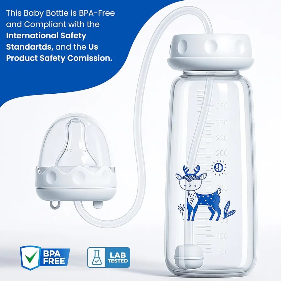 Handsfree Baby Feeding Bottle 240ml with Silicone Tube & Nipple | BPA-Free | Random Color