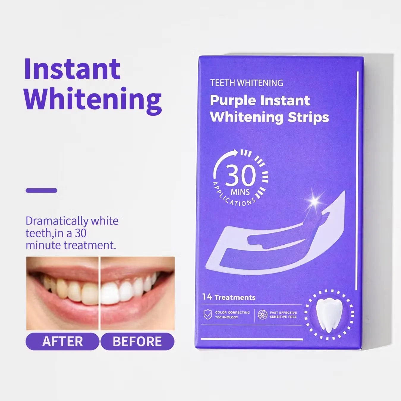 Purple Instant Teeth Whitening Strips – Fast Teeth Whitening Treatment, Color Correcting Technology, 30-Minute Application,