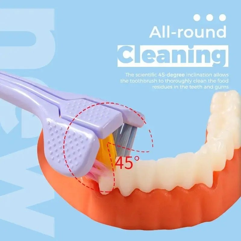 Three-Sided V-Shaped Toothbrush for Adults, Soft PBT Bristles with 360° Deep Cleaning, Non-Slip Handle & Built-In Tongue Scraper Packet of 2 Brushes Random Colors