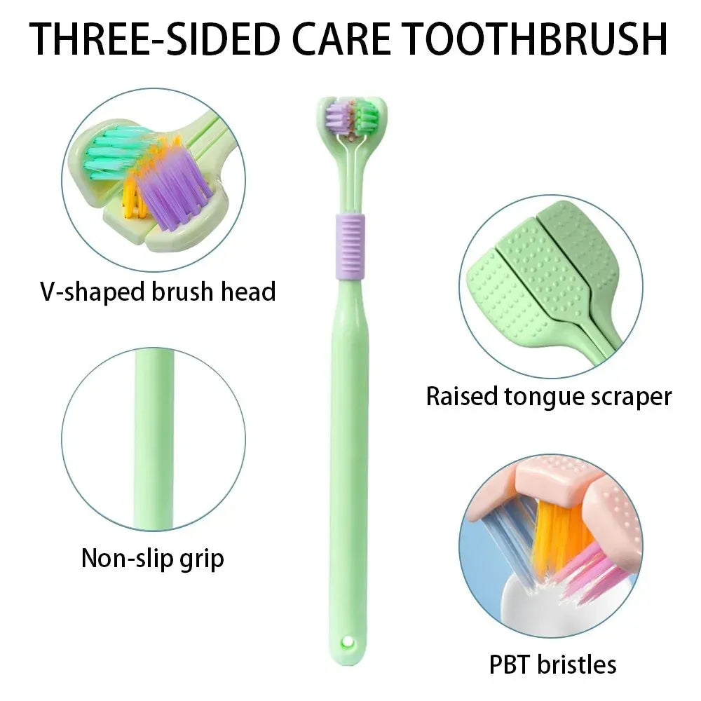 Three-Sided V-Shaped Toothbrush for Adults, Soft PBT Bristles with 360° Deep Cleaning, Non-Slip Handle & Built-In Tongue Scraper Packet of 2 Brushes Random Colors