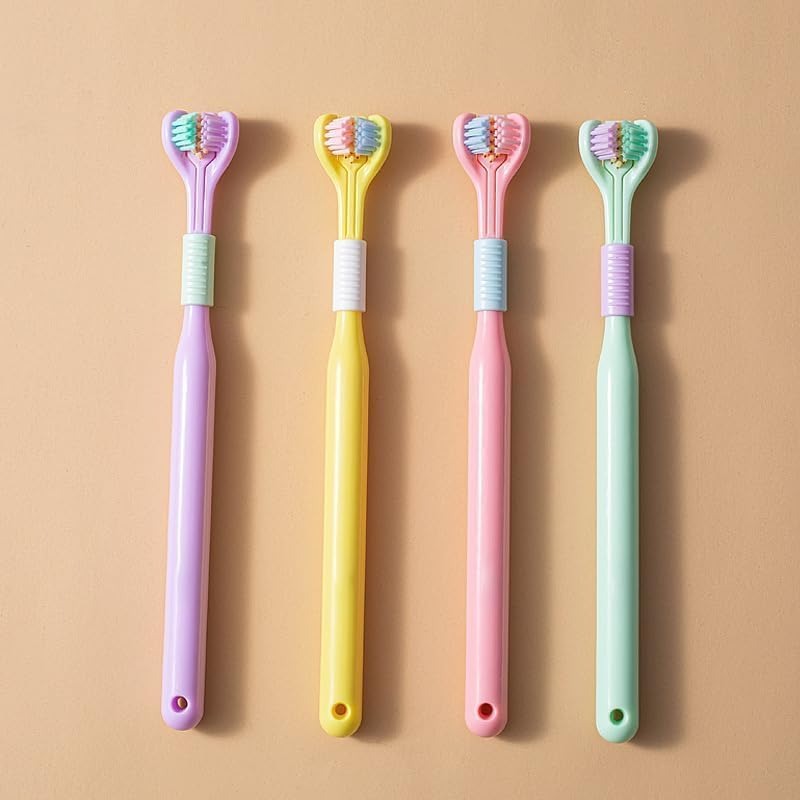 Three-Sided V-Shaped Toothbrush for Adults, Soft PBT Bristles with 360° Deep Cleaning, Non-Slip Handle & Built-In Tongue Scraper Packet of 2 Brushes Random Colors