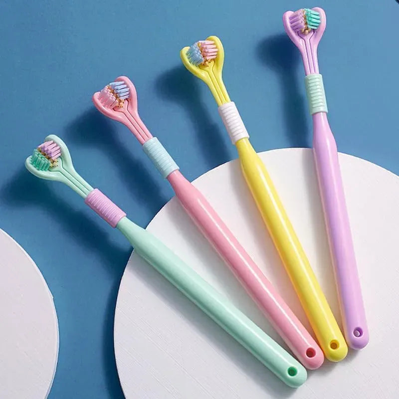 Three-Sided V-Shaped Toothbrush for Adults, Soft PBT Bristles with 360° Deep Cleaning, Non-Slip Handle & Built-In Tongue Scraper Packet of 2 Brushes Random Colors