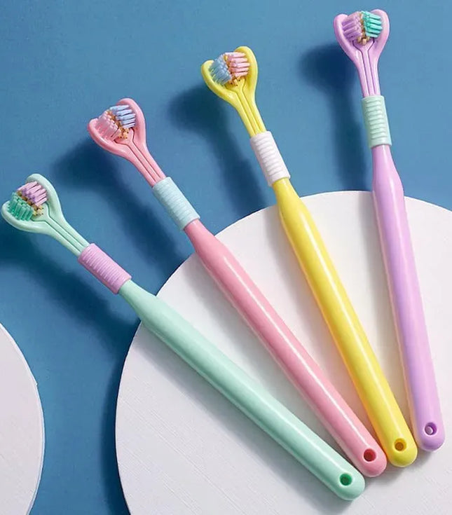Three-Sided V-Shaped Toothbrush for Adults, Soft PBT Bristles with 360° Deep Cleaning, Non-Slip Handle & Built-In Tongue Scraper Packet of 2 Brushes Random Colors