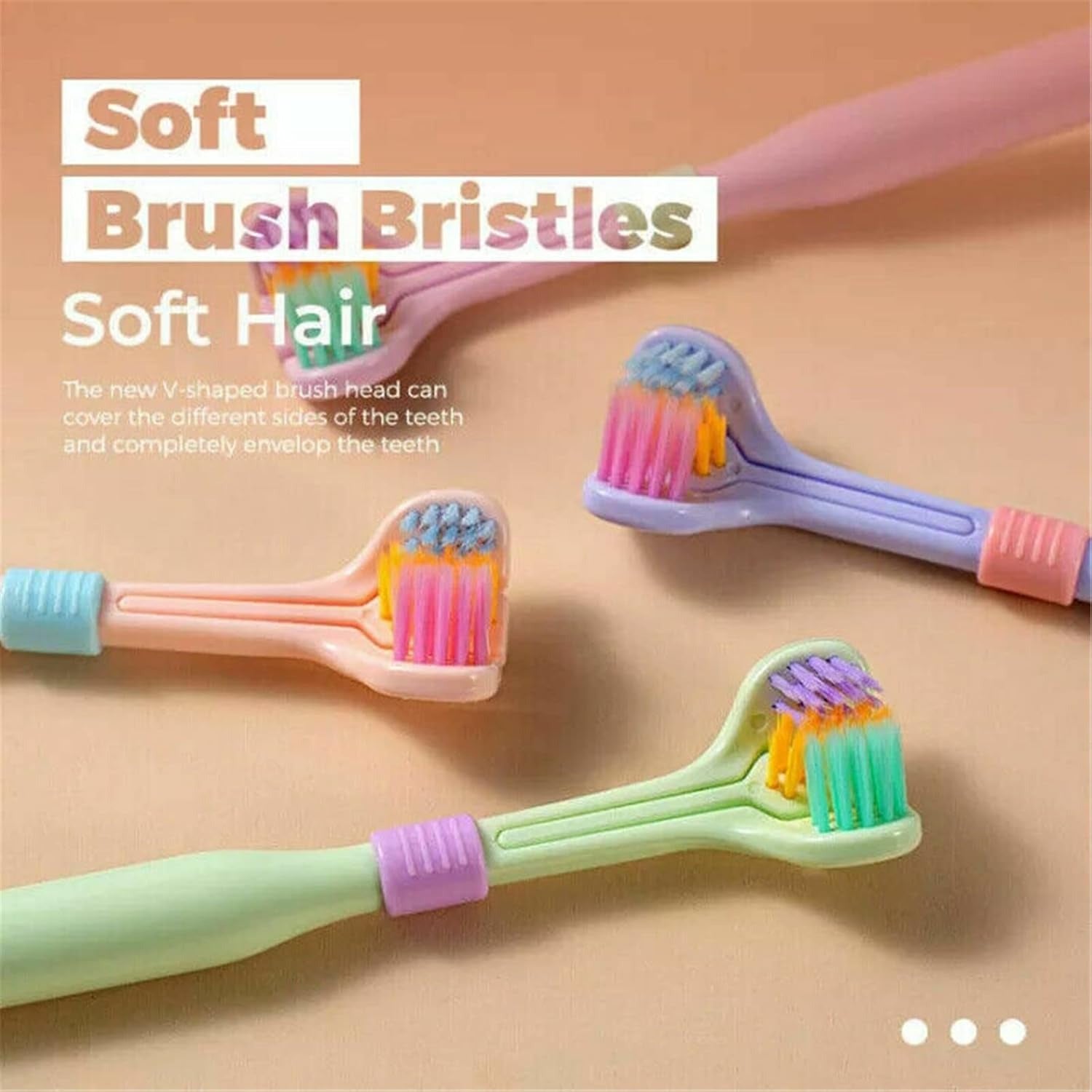Three-Sided V-Shaped Toothbrush for Adults, Soft PBT Bristles with 360° Deep Cleaning, Non-Slip Handle & Built-In Tongue Scraper Packet of 2 Brushes Random Colors