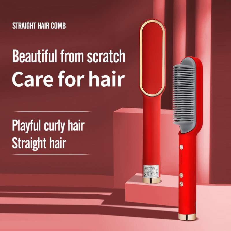 Hair Straightener Iron Brush Straight Hair Comb 2-in-1 Hair Straightener Curling Professional Styling Brush Hair Curler & Straightener For Women (Random Color)